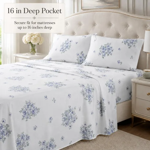 Vista 3 de HYPREST 100% Cotton Percale Sheets Queen, Blue Rose Floral Deep Pocket 16