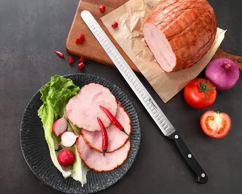 Vista 5 de Cuchillo de trinchar de 12 pulgadas con borde de Granton afilado para corte de carne y pavo de pechuga, hoja de acero inoxidable con mango