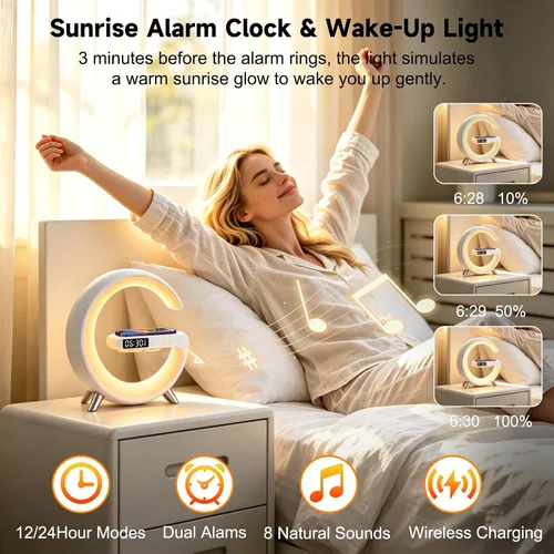 Vista 4 de 4 In 1 Smart LED Table Lamp, Alarm Clock, Bluetooth Speaker, Wireless Charger, App Control Night Light Bedside Lamp with Fast Charging Station for