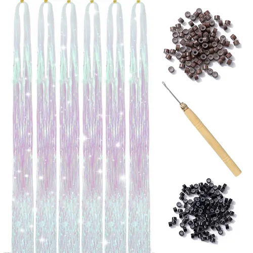 Vista 17 de Kit de oropel de cabello negro con herramienta, 6 piezas, 1200 hebras de extensiones de cabello de oropel con purpurina, resistentes al calor