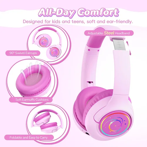 Vista 5 de Auriculares Bluetooth para niños, tiempo de reproducción de 85 horas para rosado fucsia