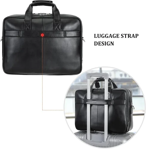 Vista 7 de Maletín para portátil de 17.3 pulgadas de cuero de grano completo sólido grueso para hombre, bolsa de mensajero clásica para viajes de negocios