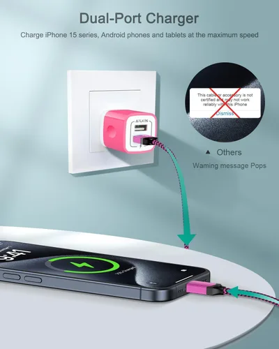 Vista 30 de AILKIN - Cargadores para iPhone con certificación MFI, cable Lightning trenzado de 6 pies de largo USB Wall Charger, Fast Charging Power Cord Plug