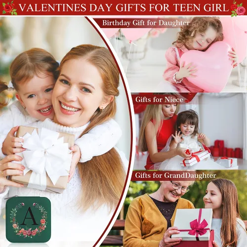 Vista 5 de Parima Regalo para niña adolescente, regalo de cumpleaños para niña, joyero de viaje inicial para niñas, joyero de viaje pequeño verde para niña