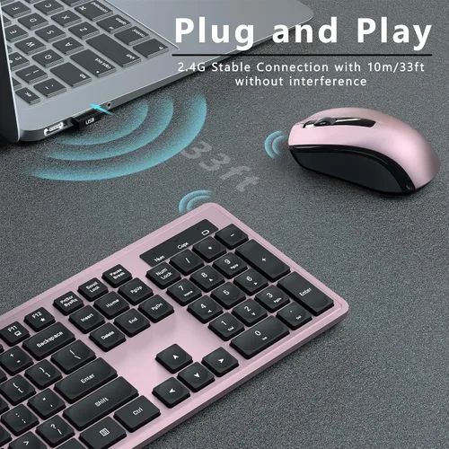 Vista 3 de Combo de teclado y mouse inalámbricos, COVEVA 2.4GHz, teclado y mouse inalámbricos con receptor USB, teclas con gota de agua, 104 teclas