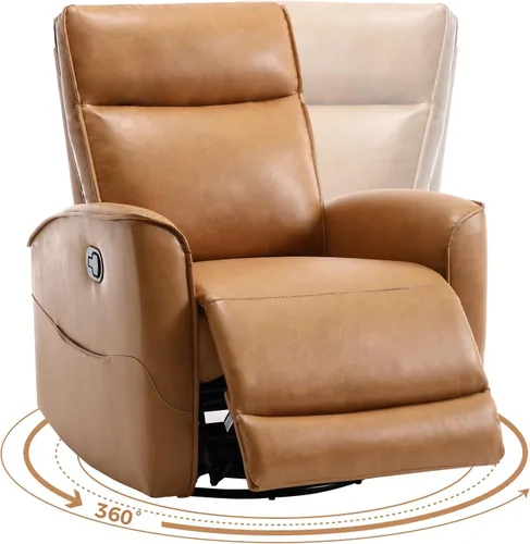 Vista 3 de CANMOV - Silla reclinable de piel sintética, silla reclinable giratoria de 360°, reclinable manual para espacios pequeños, sala de estar Marrón