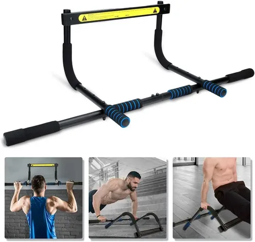 Vista 6 de Barra de dominadas ajustable de 33.5 in para marco de puerta, 220.5 lbs, sin tornillos, robusta con espuma para entrenamiento, fitness