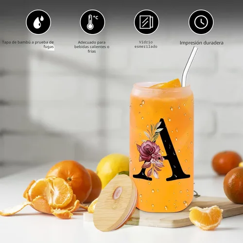 Vista 4 de Vaso de vidrio con monograma con tapa de bambú, popote personalizado, vaso de café helado de 16 onzas, tarro transparente de masón, cerveza, agua