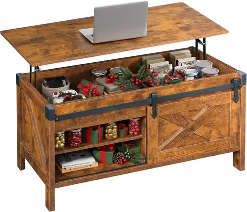 Vista 9 de WLIVE Mesa de Centro con Tapa Elevable, Mesa de Centro Estilo Granja de 39.4 pulgadas con Gran Compartimento de Almacenamiento Oculto, Puertas