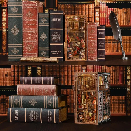 Vista 8 de MiniCity Kit de rincón de libros de bricolaje, escena de madera en miniatura 3D con luces LED, cubierta de polvo y herramientas para decoración