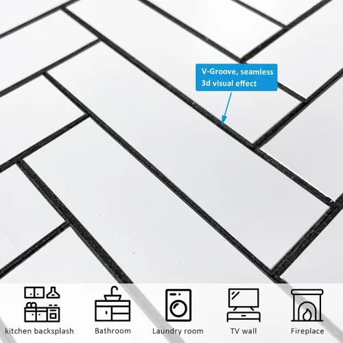 Vista 3 de Azulejos para salpicaderos adhesivos de cocina en espiga, azulejos de mosaico para pared de baño en chevron blanco, paquete de 6