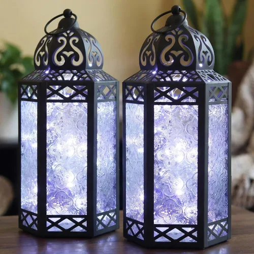 Vista 42 de VELA LANTERNS Juego de 2 portavelas decorativos de LED con luces de hadas de 12" de metal marroquí para colgar o mesa, decoración del hogar