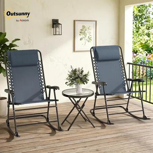 Vista 2 de Outsunny Juego de 3 piezas de mesa mecedora para exteriores, juego de mesa plegable para patio con mesa de centro de cristal para patio, terraza