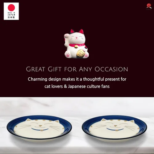 Vista 4 de JapanBargain 2566 - Juego de 2 platos de salsa japonesa de porcelana para aperitivo, postre y pastel con patrón de gato sonriente de la suerte