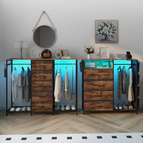 Vista 6 de Espelism Cómoda para dormitorio con perchero, cómoda de 5 cajones con estación de carga, luces LED, cómoda blanca, estante flexible y espacio