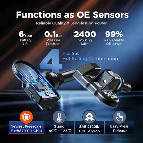 Vista 3 de Autel TPMS - Juego de 4 sensores MX-Sensor 2 en 1, 315 MHz+433 MHz, vástago de goma universal programado por TS408 TS508 WF TS601 TS608 MK808TS