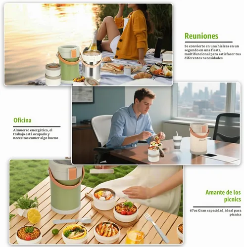 Vista 8 de Termo de 67 oz/2L para comida caliente, termo de sopa aislado al vacío de acero inoxidable 304, lonchera térmica a prueba de fugas con 3 cajas Bento