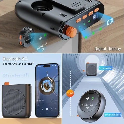 Vista 6 de Amplificador de voz inalámbrico mejorado 2026 con 2 micrófonos magnéticos de solapa, altavoz portátil de 15 W con base de carga, micrófono de aula