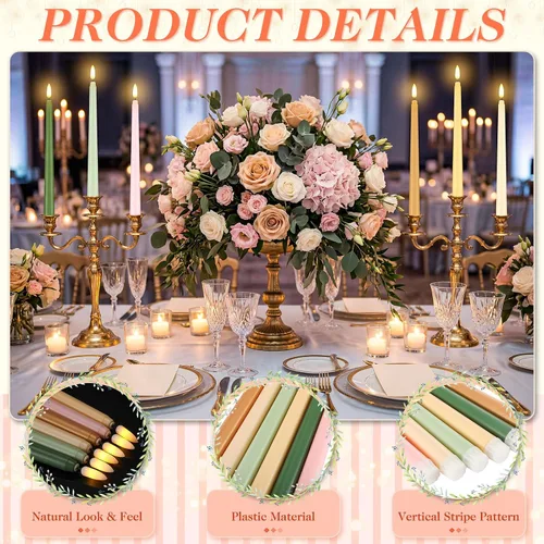 Vista 3 de Baquler 24 velas cónicas sin llama de 11 pulgadas, color rosa y verde, funciona con pilas, velas LED coloridas y parpadeantes de plástico dorado
