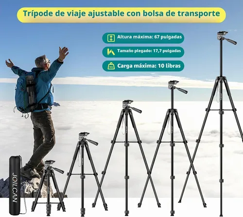 Vista 5 de JOILCAN Trípode para Teléfono, Soporte de Trípode de Cámara de 67" para iPhone iPad, Trípodes de Viaje Profesionales de Aluminio con Control Remoto