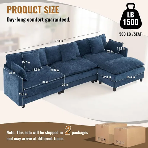 Vista 2 de Juego de sofá modular de 107 pulgadas con otomana, sofá convertible en forma de L, sofá de asiento profundo de felpilla de 3 plazas con almohadas