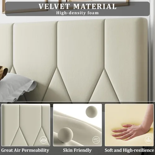 Vista 4 de IOILORI Base de cama tamaño matrimonial con cabecera tapizada de terciopelo, listones de madera resistentes, sin caja de resortes, sin ruido, fácil