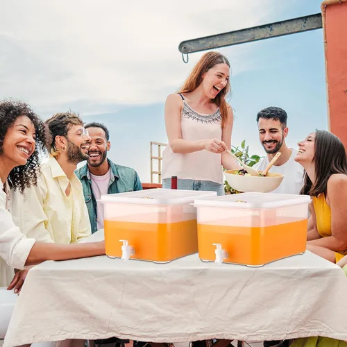 Vista 3 de Domensi Paquete de 2 dispensadores de bebidas de 3.5 galones para nevera con grifo dispensador de agua, tapas a prueba de fugas, filtro de bebidas