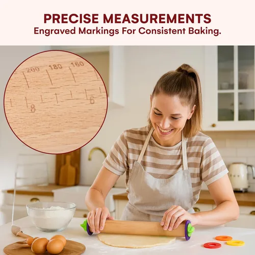 Vista 6 de Kitchtic Rodillo con anillos de grosor – Rodillo de madera ajustable – Herramienta esencial para hornear y rodillo – Grosor consistente – Fácil