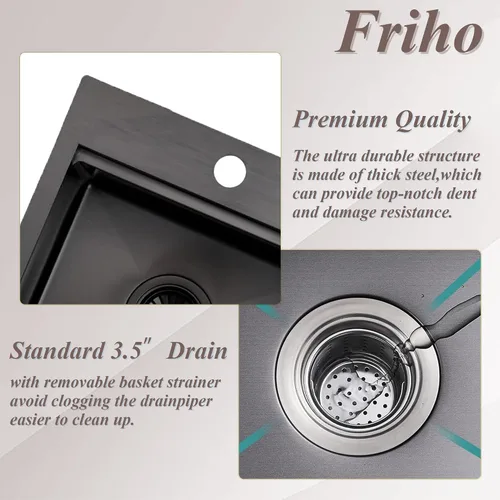 Vista 4 de Friho Fregadero de barra empotrable negro de 15 x 15 pulgadas, fregadero de cocina de acero inoxidable de un solo tazón montado en superficie