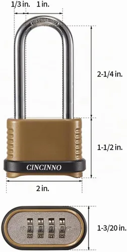 Vista 2 de CINCINNO Cerradura de combinación resistente, cerradura combinada de 4 dígitos con grillete largo, candado de combinación resistente a la intemperie