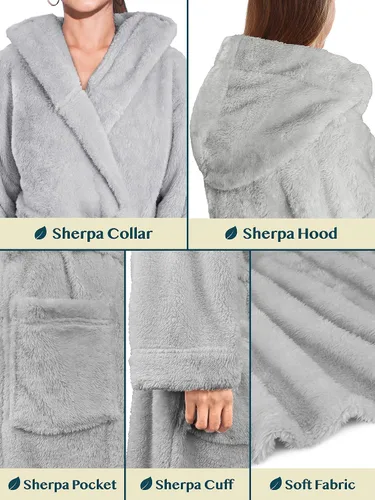 Vista 4 de PAVILIA Bata suave de felpa con capucha para mujer Bata de baño mullida y cálida de forro polar Sherpa