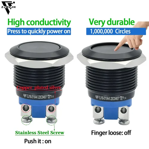 Vista 5 de 2 piezas de interruptor de botón de presión de 19 mm, negro, momentáneo, impermeable IP67, metal, plano, redondo, 3/4 pulgadas, 12 V, 24 V, 36 V