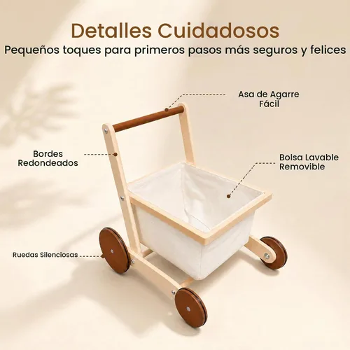 Vista 4 de Woodtoe Andador de madera para bebés, cochecito de muñeca para niños y Caminante de aprendizaje para bebés, ruedas traseras grandes y estables