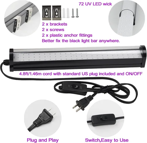 Vista 5 de Barra de luz LED negra mejorada de 25 W – 72 chips LED grandes UV 395-405 nm, luces negras para fiesta brillante, barra de luz negra para carteles