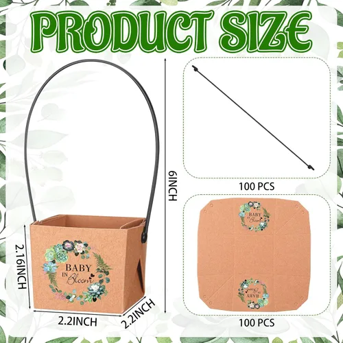 Vista 2 de Aliceset 100 bolsas de regalo para suculentas con asa de plástico, caja de regalo de papel kraft, cesta de regalo para baby shower, boda, fiesta,