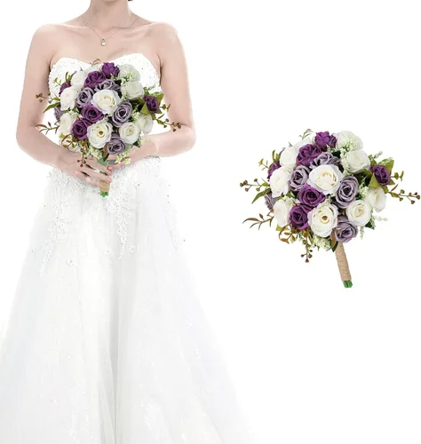 Vista 31 de Ramos para dama de honor para boda - Ramo de flores artificiales de 7 pulgadas para fiesta, ceremonia, aniversario, centros de mesa para mesa de Azul