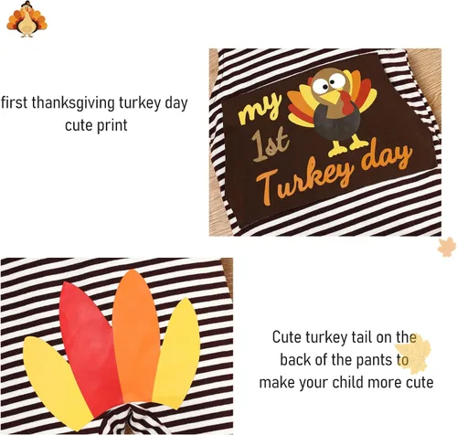 Vista 4 de My First Thanksgiving Outfit - Conjunto de ropa para bebé recién nacido, diseño de pavo + pantalones con tirantes + sombrero para Acción de Gracias