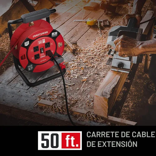 Vista 8 de CRAFTSMAN Carrete de cable de extensión retráctil de 50 pies con 4 tomas de corriente y cable resistente de 14AWG SJTW