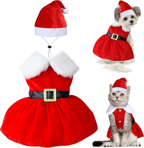 Vista 9 de GOYOSWA Vestido de Navidad para Gatos y Gatitas, Disfraz de Santa para Mascotas, Ropa Festiva de Navidad, Vestidos de Navidad para Gatitas y Gatos