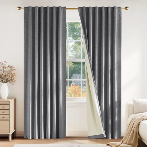 Vista 33 de PONY DANCE Cortinas de lino 100% opacas de 63 pulgadas de largo para dormitorio, sala de estar, oscurecimiento completo, bolsillo para barra