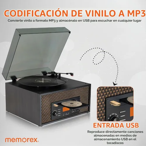 Vista 4 de Memorex MX-TT700 Centro de música de madera nostálgico 7 en 1 CD/MP3, USB, Bluetooth Tocadiscos, AM/FM, entrada AUX Grabar a USB, pantalla