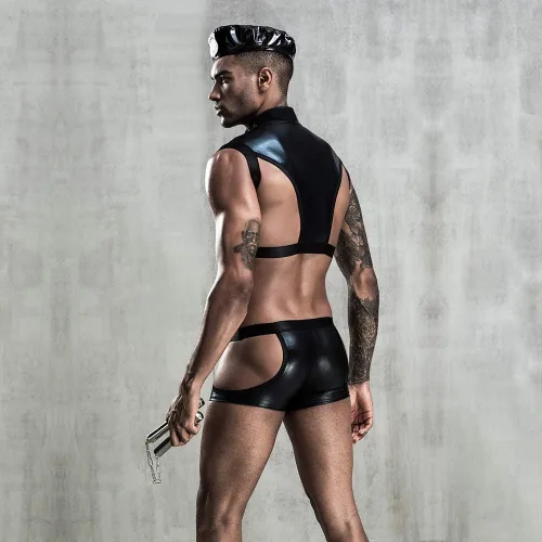 Vista 9 de Munyee Hua Conjunto de disfraz sexy para hombre, overol de león, uniforme de policía, negro