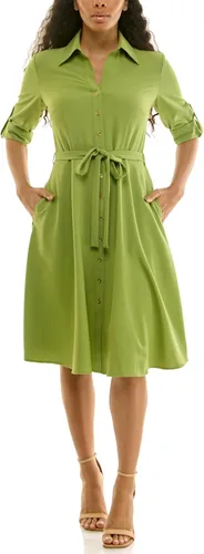 Vista 24 de Sharagano Vestido camisero plisado para mujer, manga 3/4, cuello en V, botones dorados Acacia