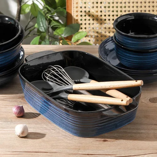 Vista 4 de Plato de cerámica para hornear, cacerola de 8.7 x 15.2 pulgadas con asas, bandeja rectangular profunda para lasaña para asar y hornear, utensilios
