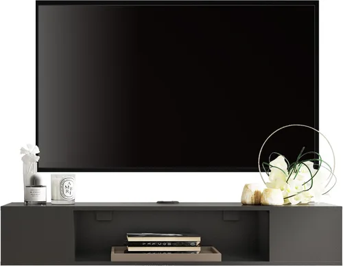 Vista 2 de FITUEYES Soporte de TV flotante negro, centro de entretenimiento montado en la pared, almacenamiento de madera, estante de consola multimedia debajo