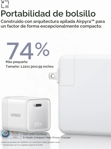 Vista 3 de UGREEN Nexode Air - Bloque de carga USB C GaN de 65 W con cable de 3.3 pies Blanco
