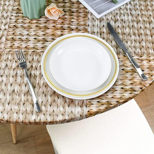 Vista 6 de Mantel redondo de vinilo de plástico ajustable con parte trasera de franela y borde elástico, protector de mesa impermeable para mesa de comedor