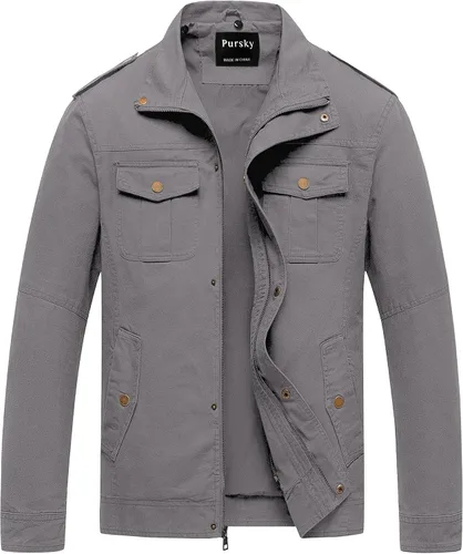 Vista 12 de Pursky Chaqueta Militar de Hombre Chaqueta de Algodón Lavado Casual con Capucha de Lienzo Abrigo de Otoño
