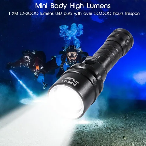 Vista 3 de APLOS Luz de buceo AP20 - Linterna de buceo de 2000 lúmenes, linterna submarina impermeable IPX8 con batería recargable y cargador