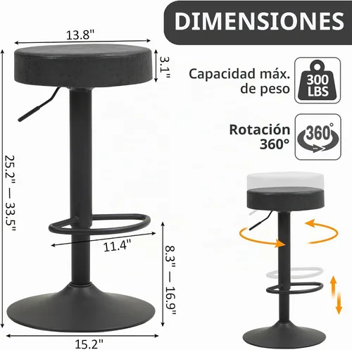 Vista 3 de Finnhomy Juego de 2 taburetes de bar de altura de mostrador, taburetes de bar giratorios con reposapiés y espalda descubierta, taburetes de bar Negro